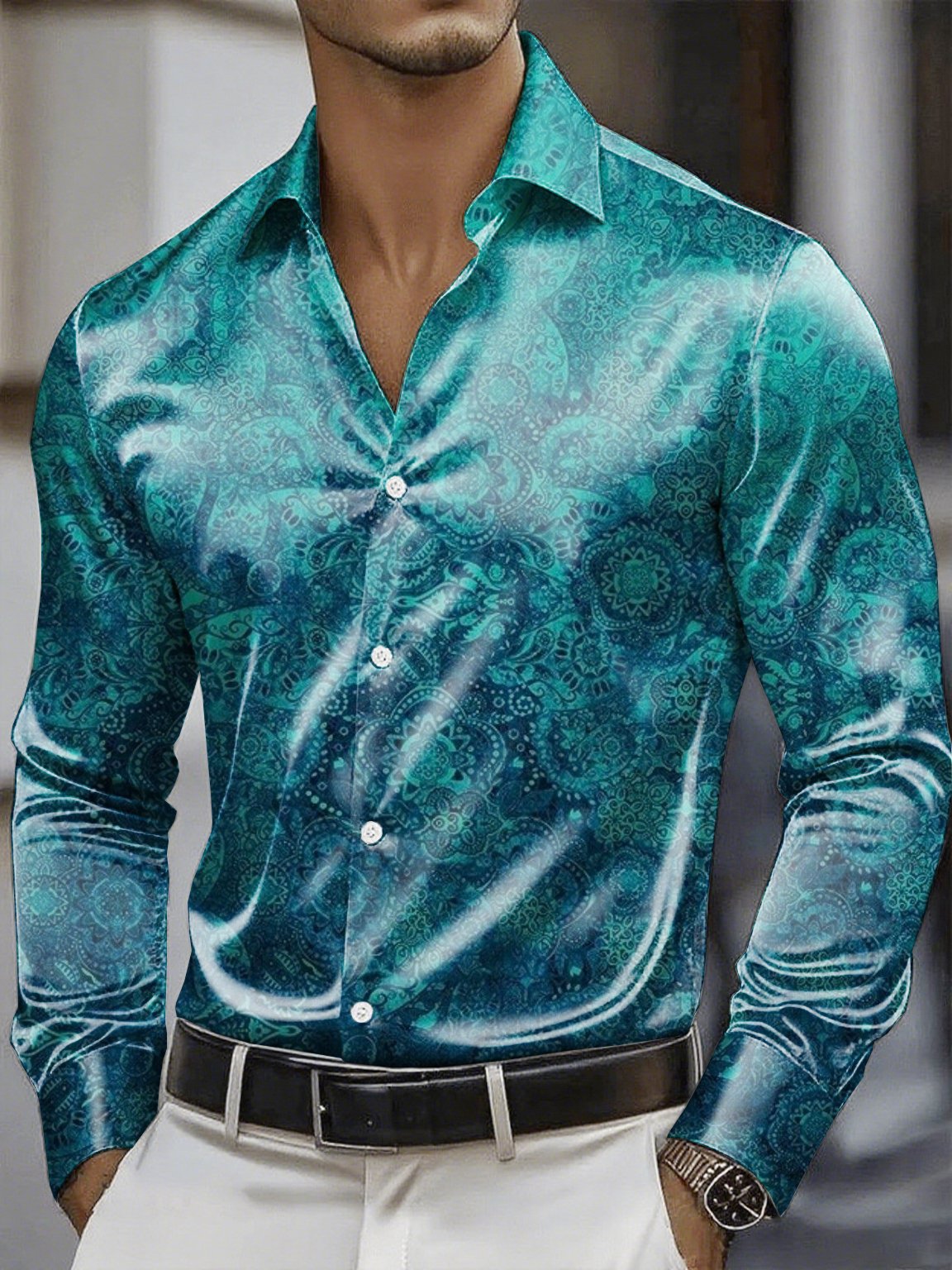 Camisa satén Luxe de manga larga con botones para hombre