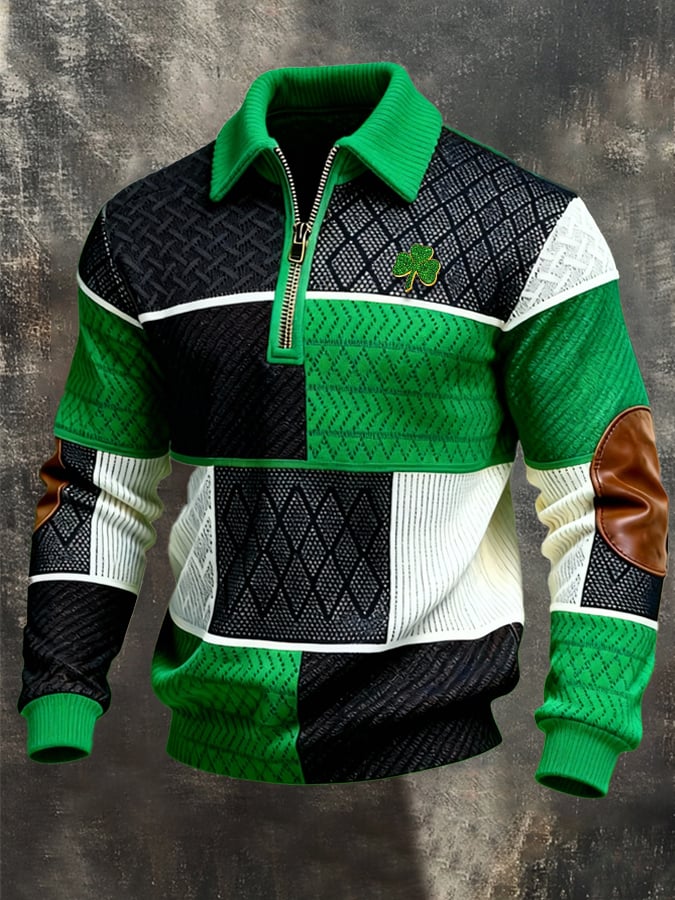 Sudadera (Detachable Shamrock Brooch Included) St. Patrick's Day estampado Color-Block con cierre con gorrasucha para hombre