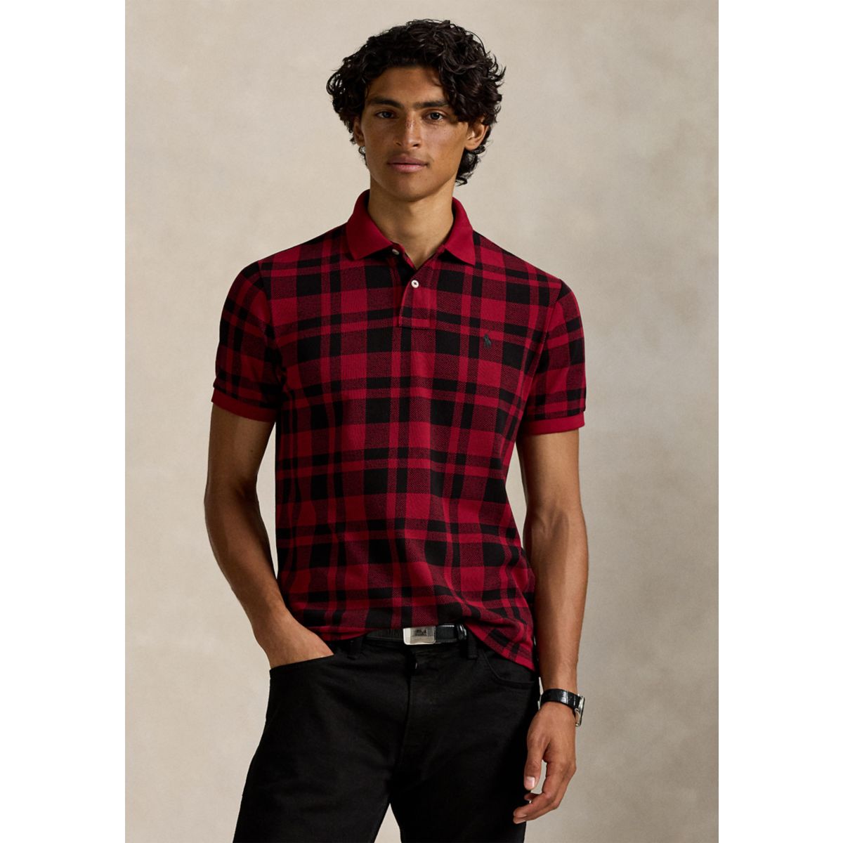 Men's Custom Slim Fit Plaid Mesh Polo Shirt - 1
