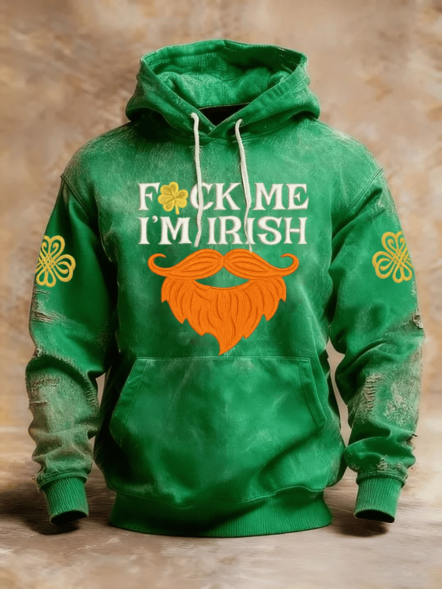Sudadera retro St. Patrick estampado casual con gorrasucha para hombre