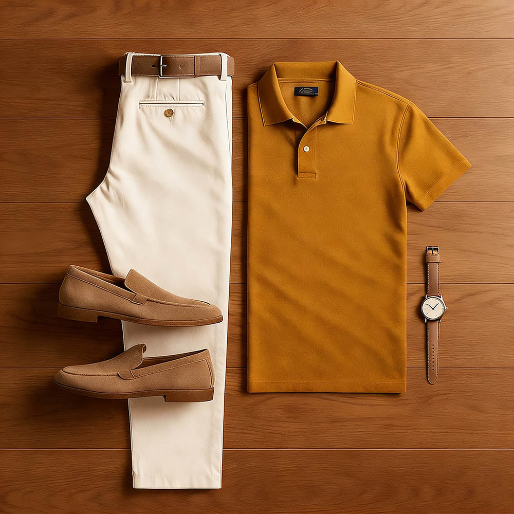 Conjunto de dos piezas casual Yellow Brown & Khaki Color Matching de manga corta camisa polo & Trousers para hombre