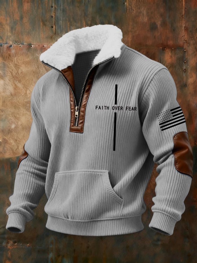 para hombre retro Faith Cross Print Zipper Fur Collar de manga larga Sweacamiseta