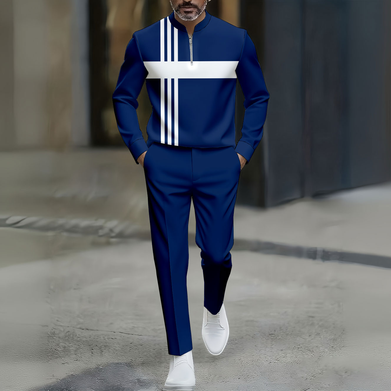 Conjunto de dos piezas casual Navy Blue & White Color Matching a rayas estampado Round-Neck Zipper de manga larga Trousers para hombre