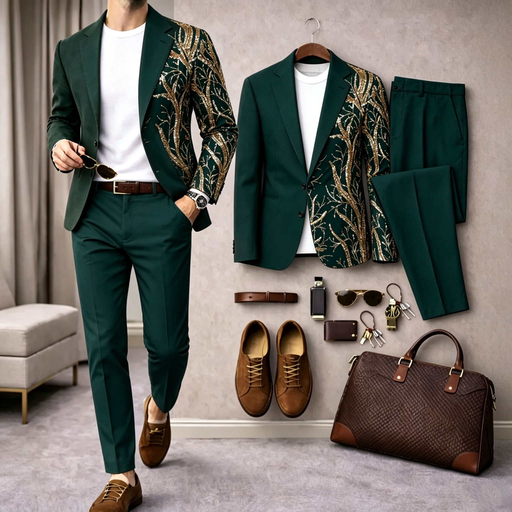 para hombre Gold-estampado de manga larga camisa and pantalón Suit Set