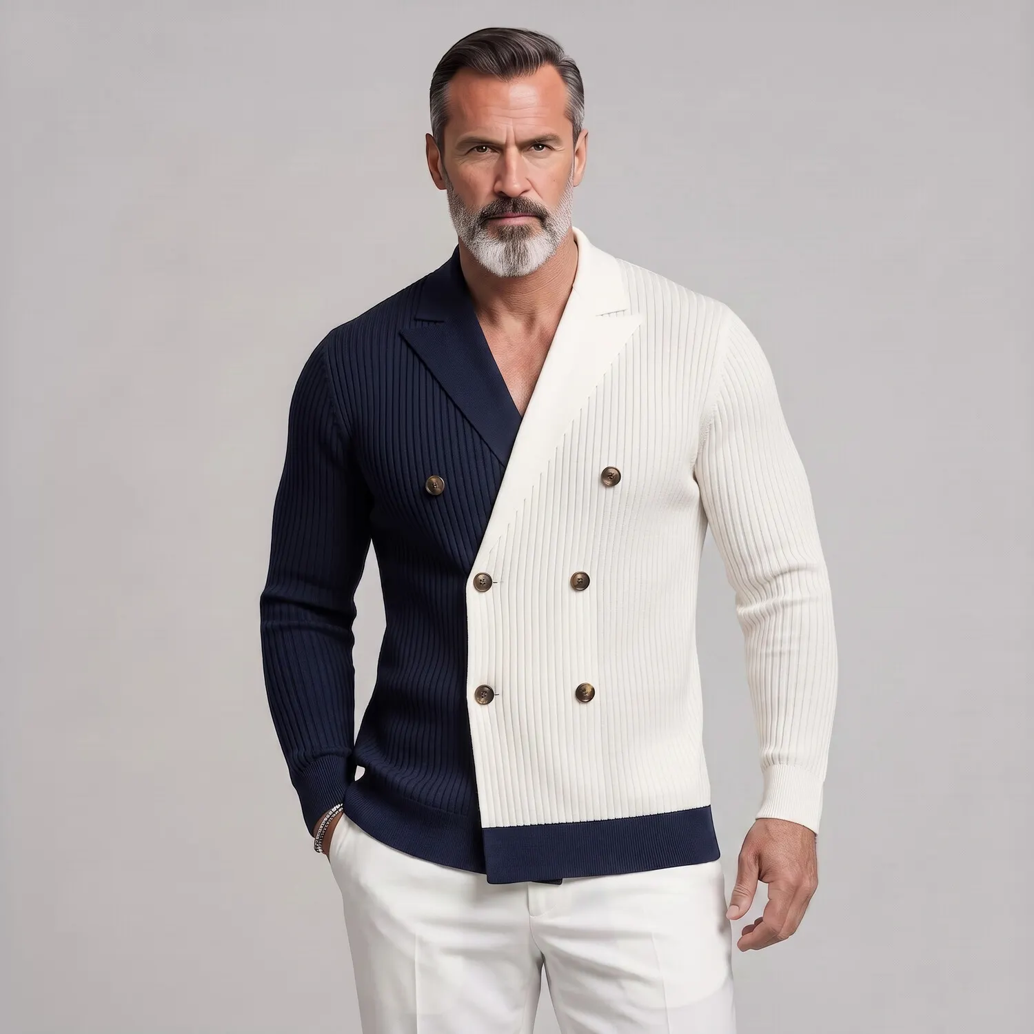 para hombre Colorblock Ribbed tejido Double-Breasted Lapel Collar Slim Ficamiseta