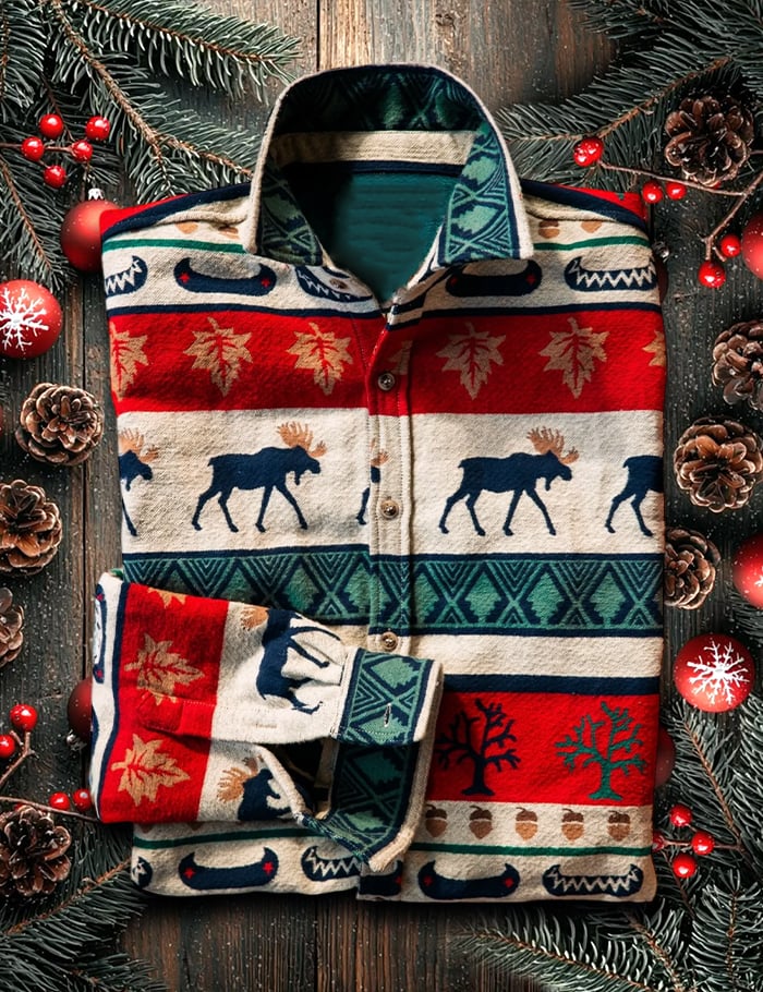 Camisa retro casual Christmas Art de manga larga para hombre