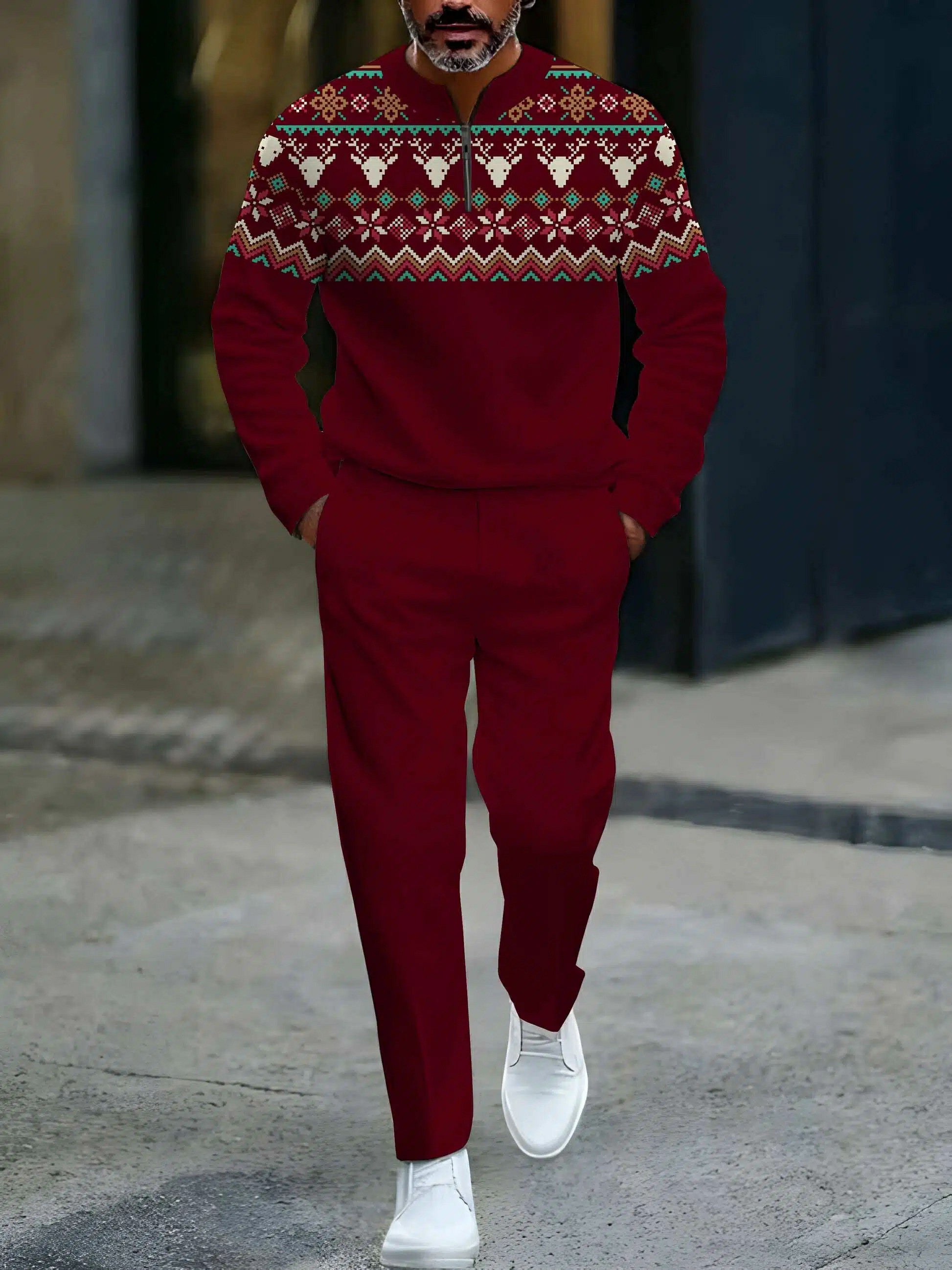 Conjunto de dos piezas casual Maroon Color Matching Christmas estampado Round-Neck Zipper de manga larga sudadera & Trousers para hombre