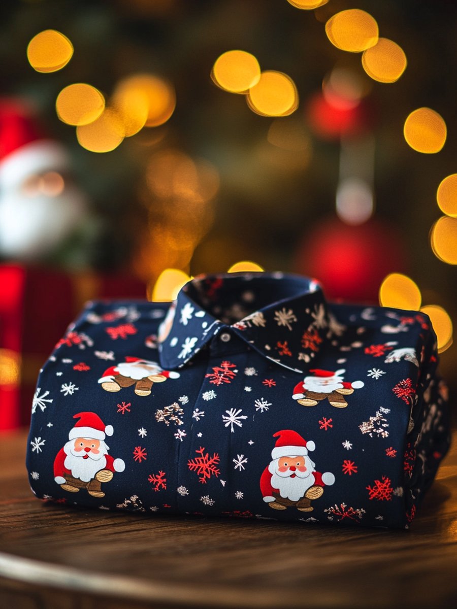 Camisa Christmas ejecutivo de lujo Santa Claus and Snowflakes de manga larga para hombre