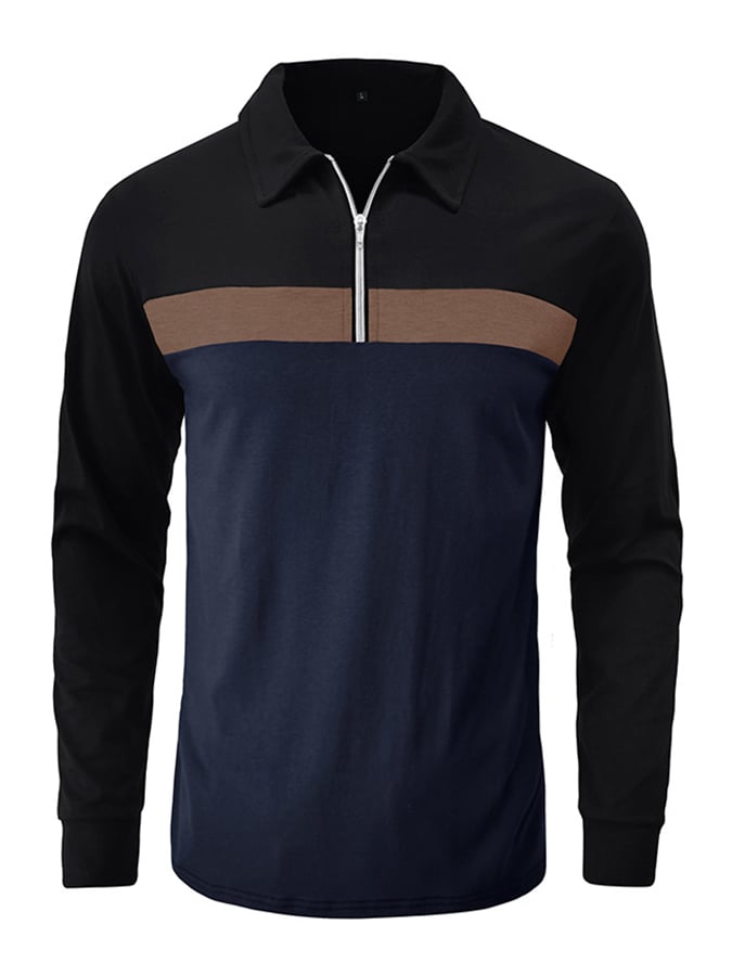 Camisa polo Colorblock cierre de manga larga para hombre