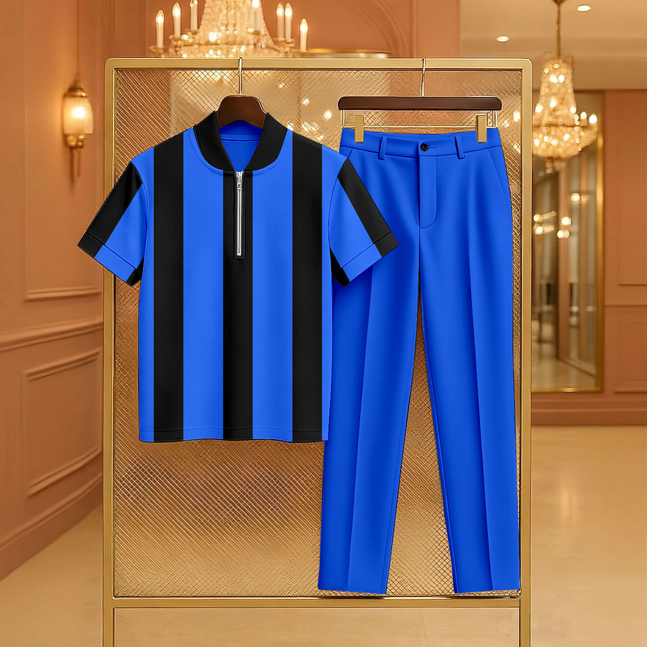 Conjunto de dos piezas casual Royal Blue Color Matching a rayas estampado Zipper de manga corta camisa polo & Trousers para hombre