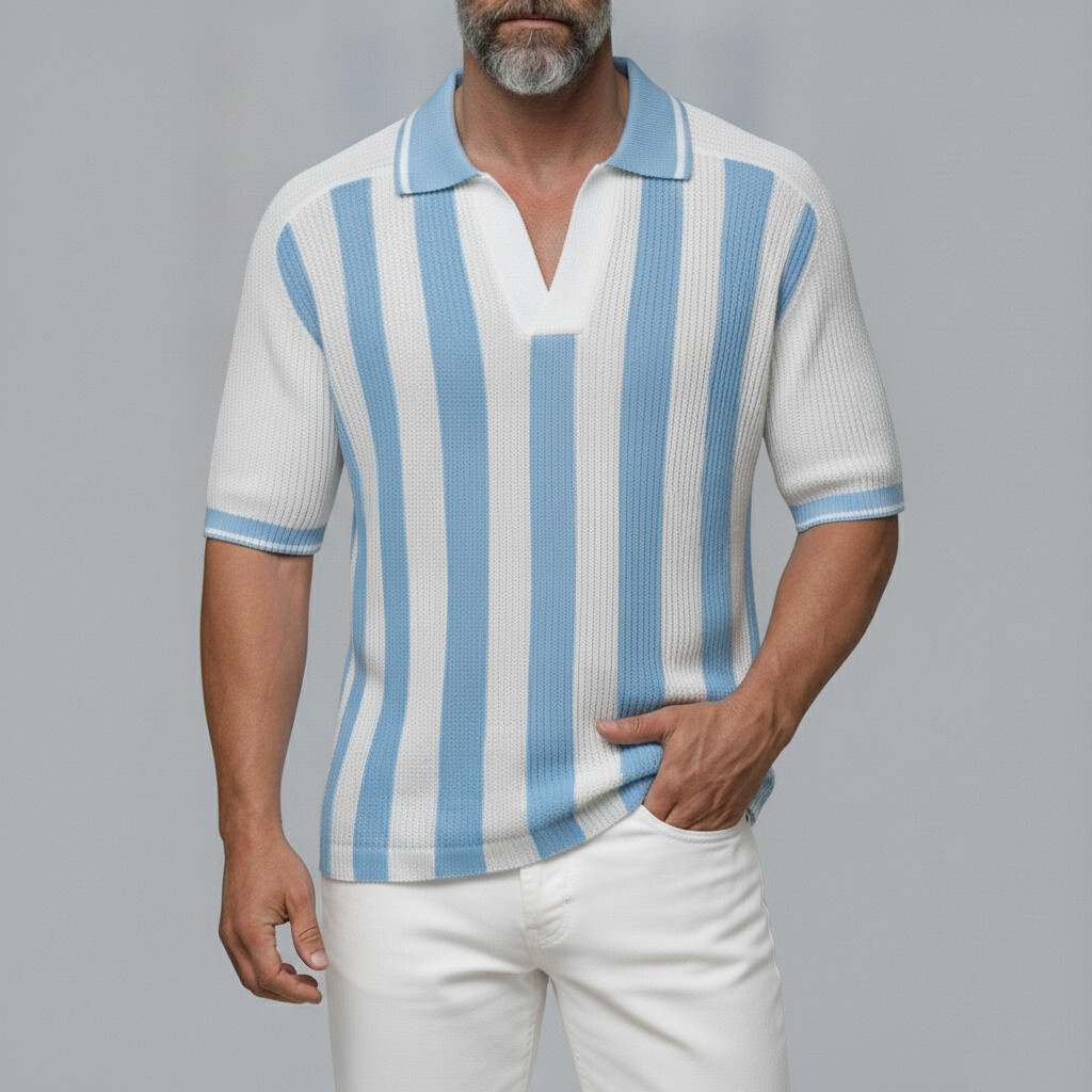 Camisa polo White Contrast a rayas Pattern tejidoted de manga corta para hombre