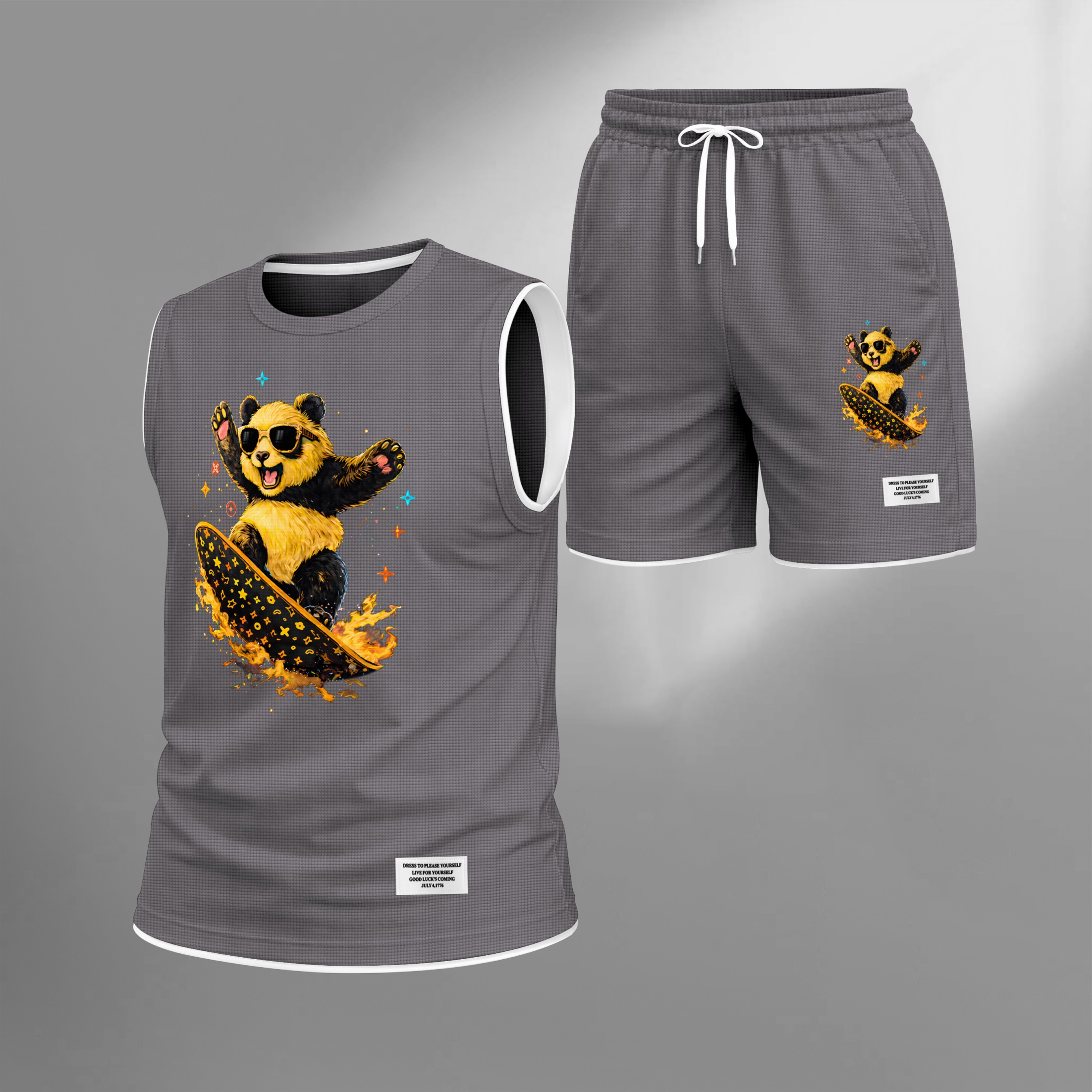 Shorts Cartoon Panda Graphic estampado Summer Set Sleeveless Tank Top & Matching Outfit, Skateboard Style Animal estampado Lightweight casual Streetwear Athletic Set for Everyday & Holiday para hombre
