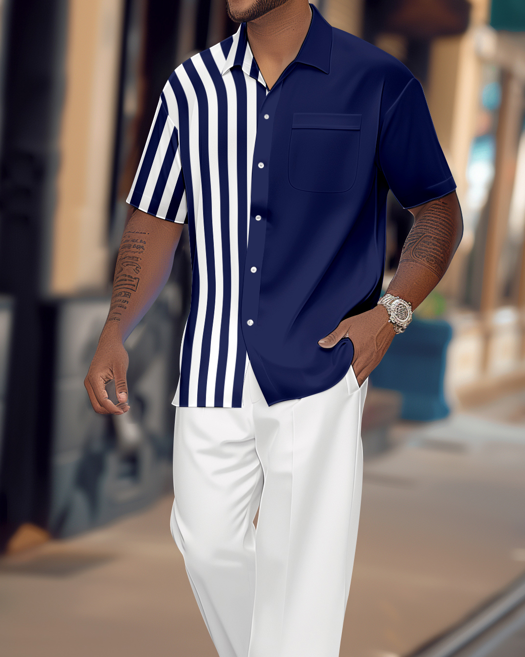 Camisa retro Colorblock de manga corta Walking Suit 1124 para hombre