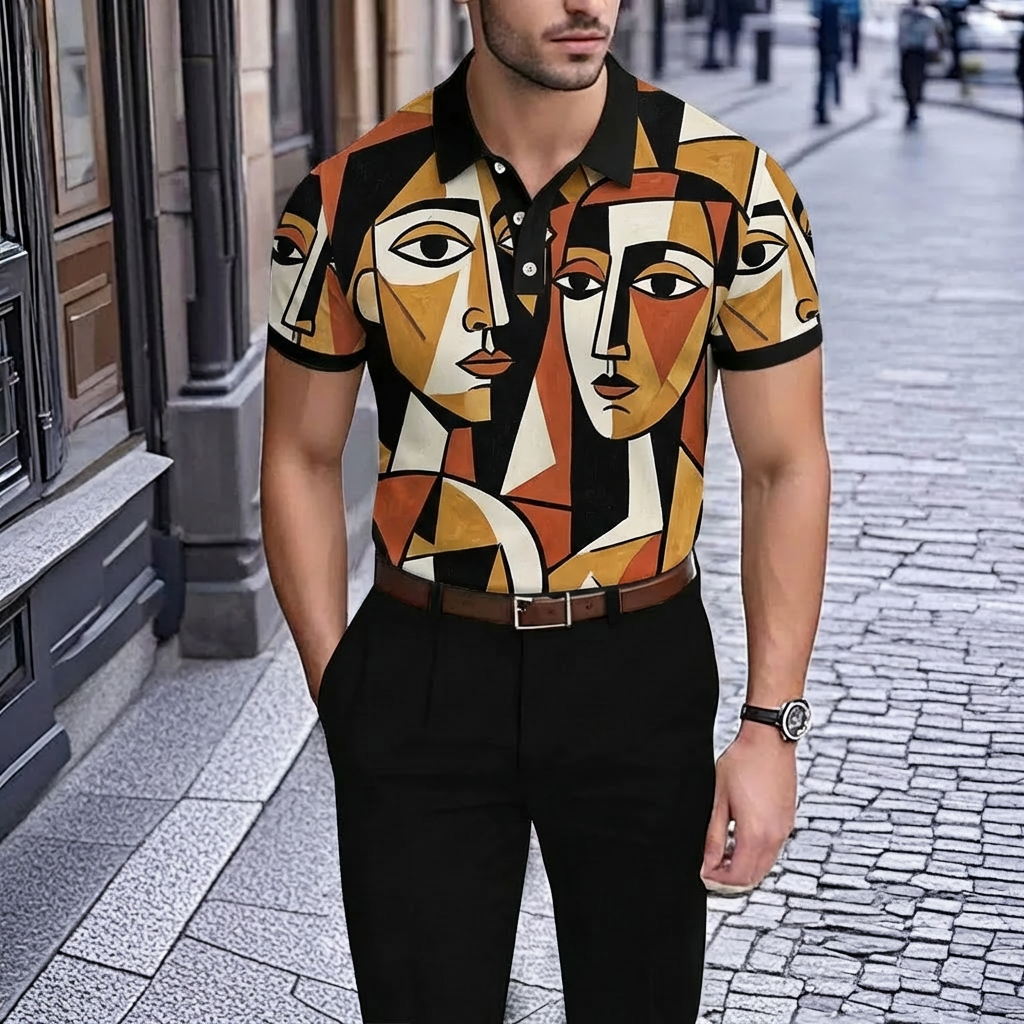 Camisa polo retro Brown Character estampado de manga corta para hombre