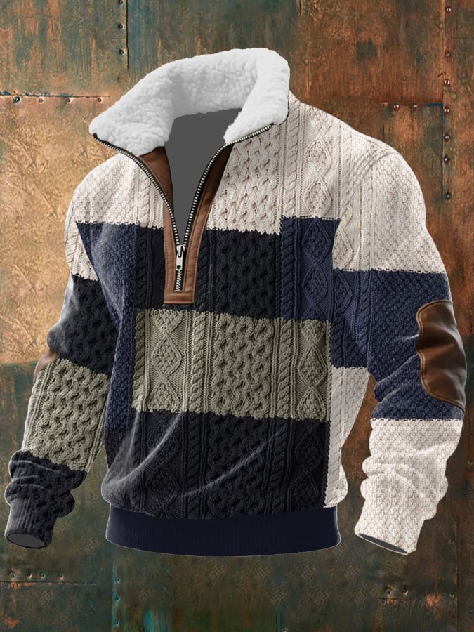 Sudadera retro Western Texture estampado tejido Fabric cierre Fur cuello de manga larga para hombre