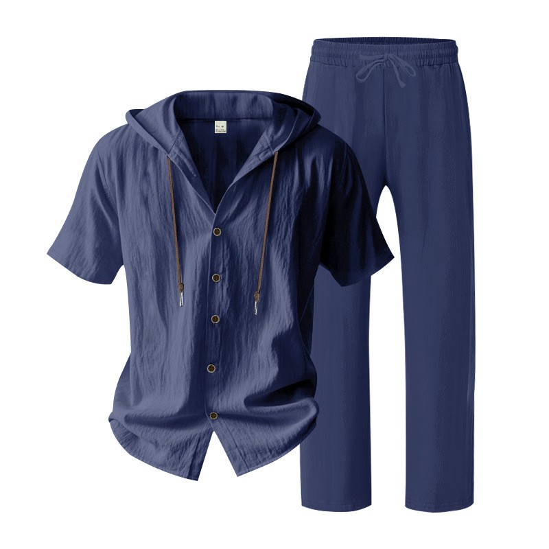 Conjunto de dos piezas de lino casual Hooded de manga corta camisa and holgado pantalón Set, Lightweight transpirable Summer Beach Vacation Outfit, Drawstring Relaxed Fit for para uso diario Wear Travel Resort Loungewear Comfortable elegante Summer Outfit para hombre