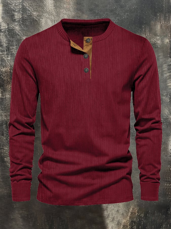 Camiseta pana casual Henley de manga larga para hombre
