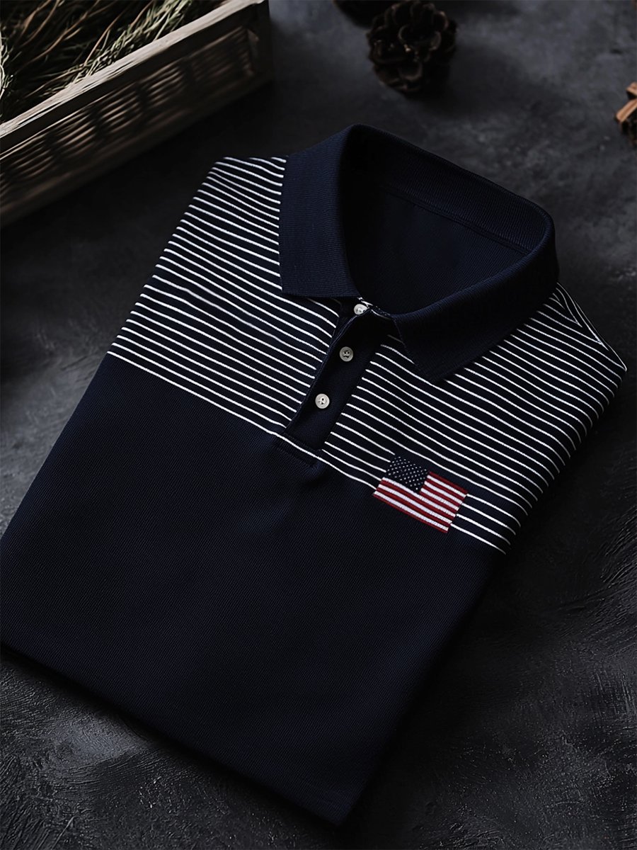 Camisa polo ejecutivo casual a rayas Independence Day Button de manga corta para hombre