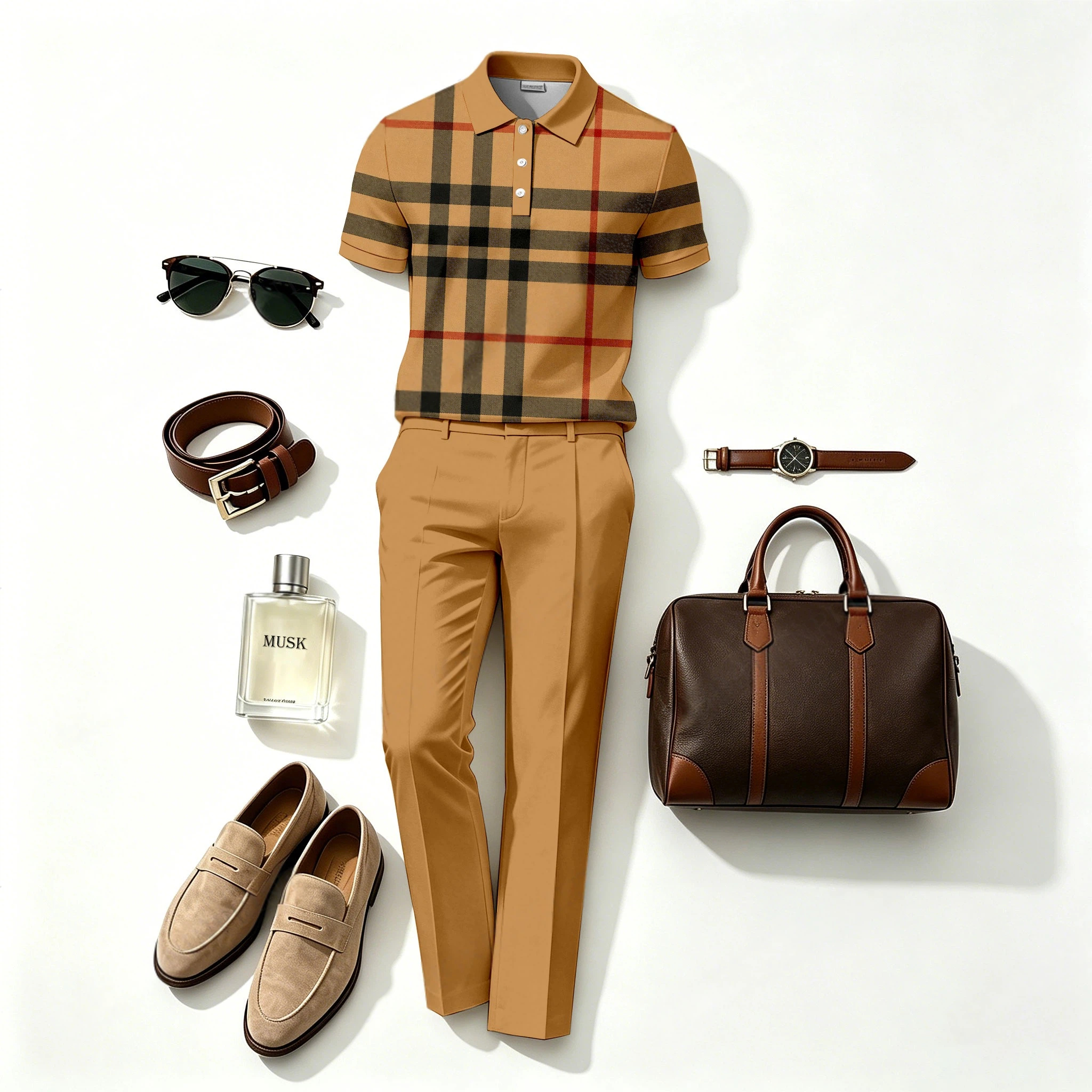 Conjunto de dos piezas casual retro Large Check estampado de manga corta camisa polo and pantalón (Does Not Include Accessories Such As Watches Or Glasses) para hombre