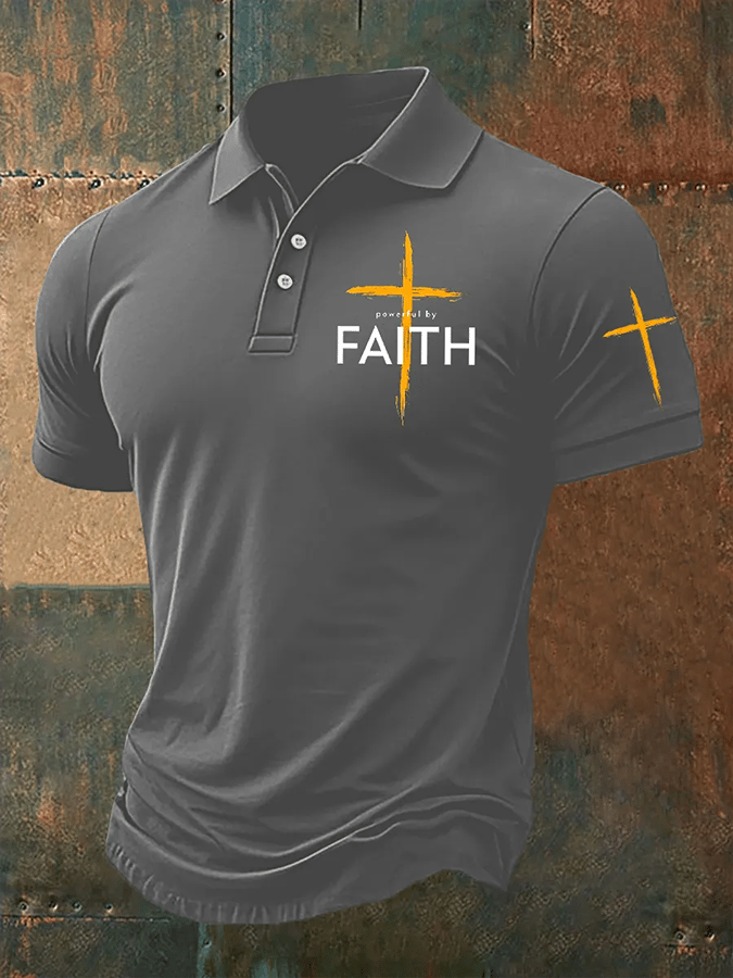 Camisa polo vintage Faith “Faith Over Fear” estampado casual para hombre