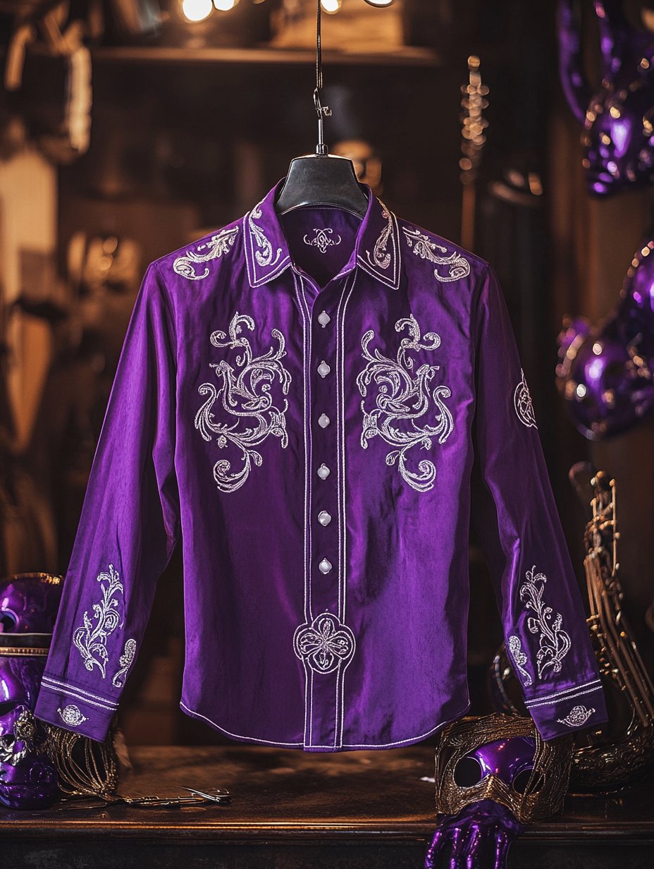 Camisa Purple Mardi Gras Theme de lujo de manga larga para hombre