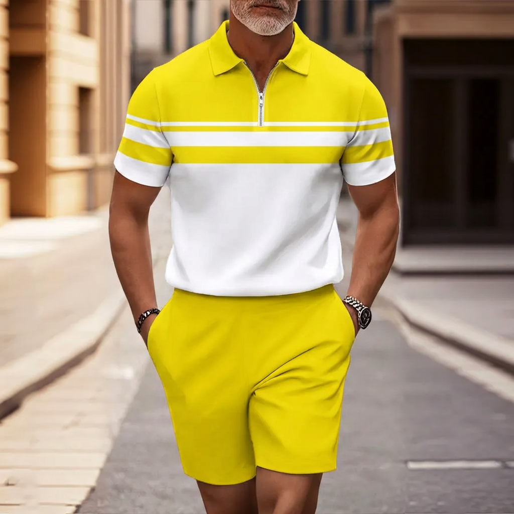 Conjunto de dos piezas casual Yellow & White estampado de manga corta camisa And shorts para hombre
