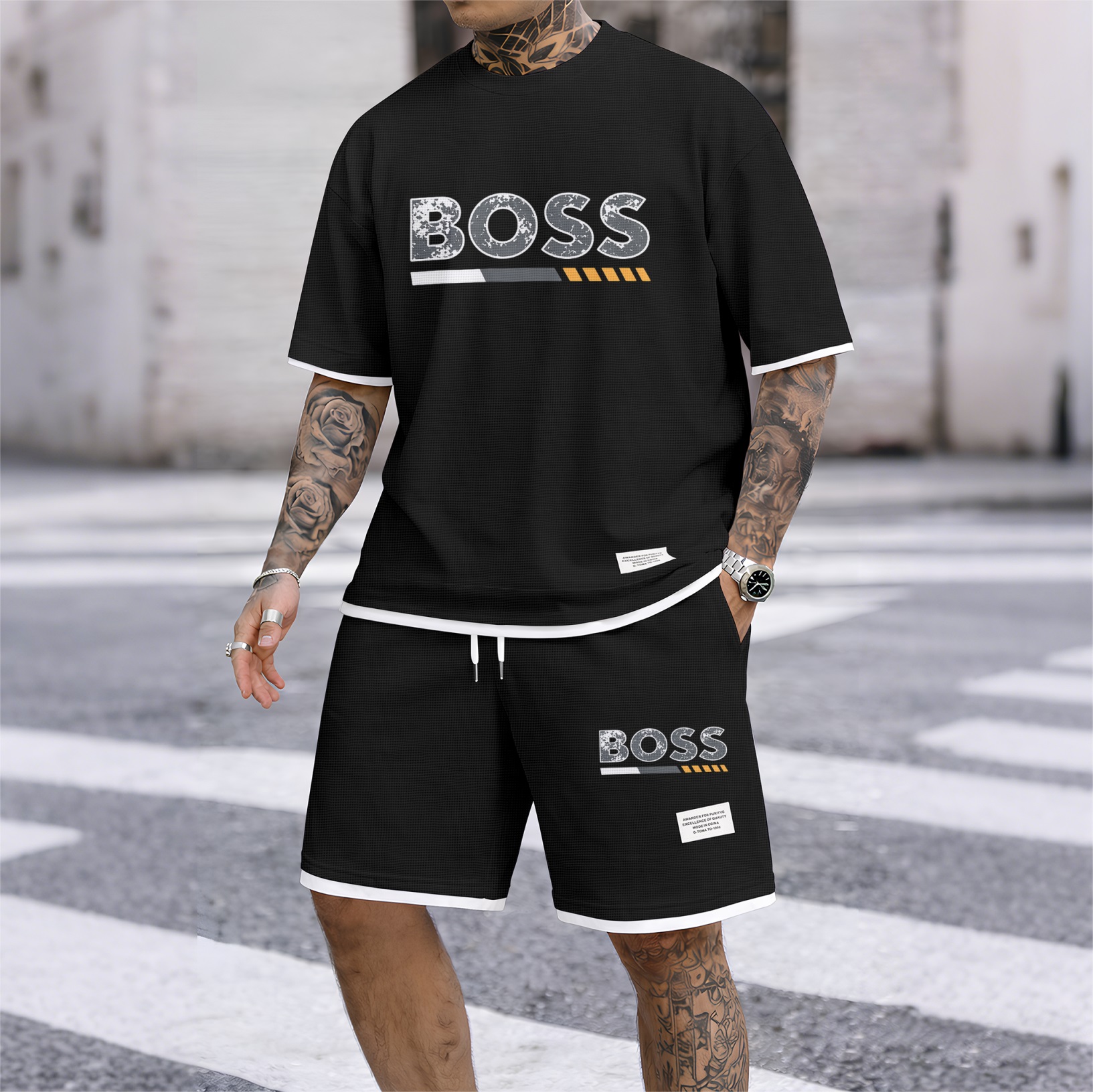 Camisa de lujo tejido tipo waffle de manga corta & shorts Set 13 para hombre