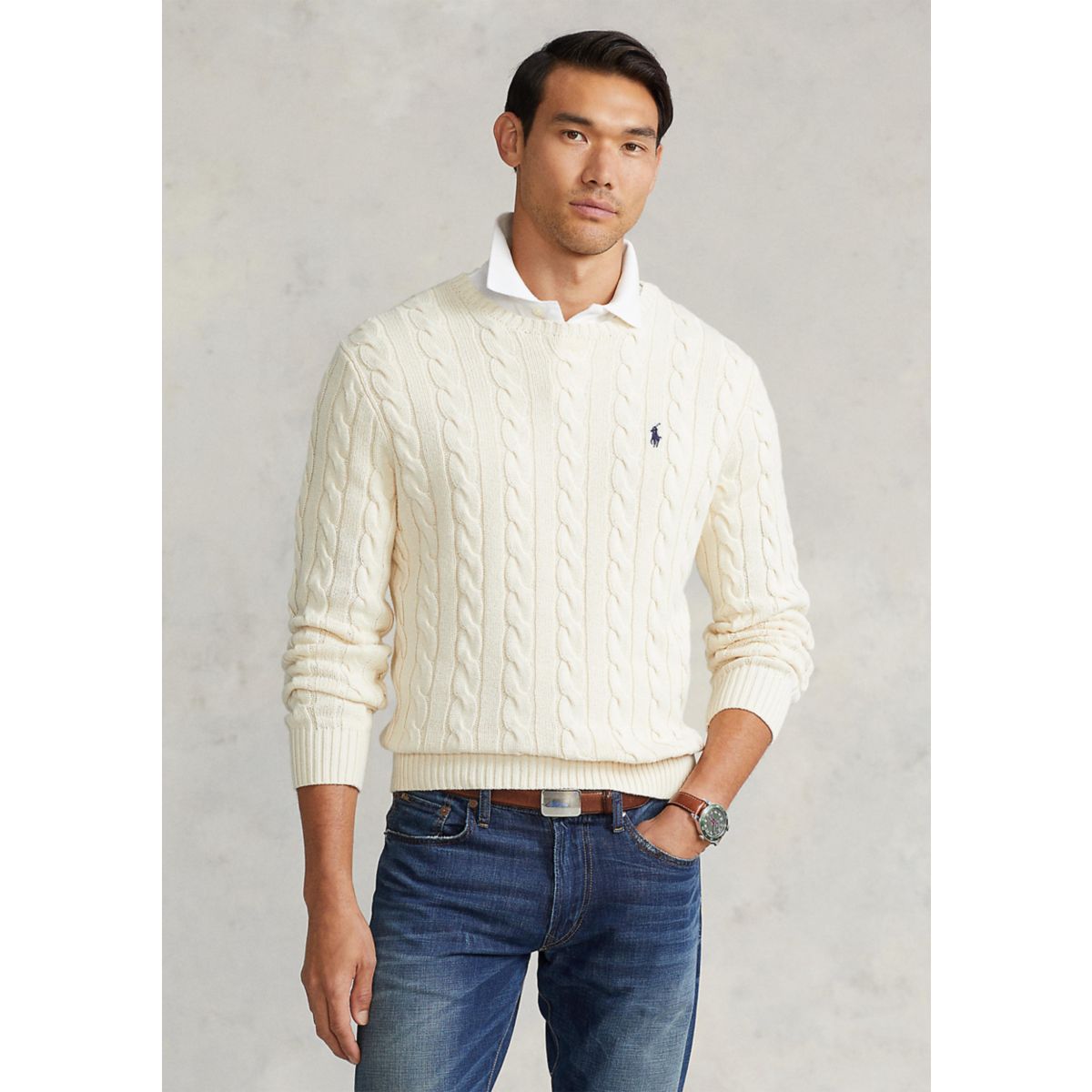 Cotton Cable Knit Driver Long Sleeve Sweater - 1