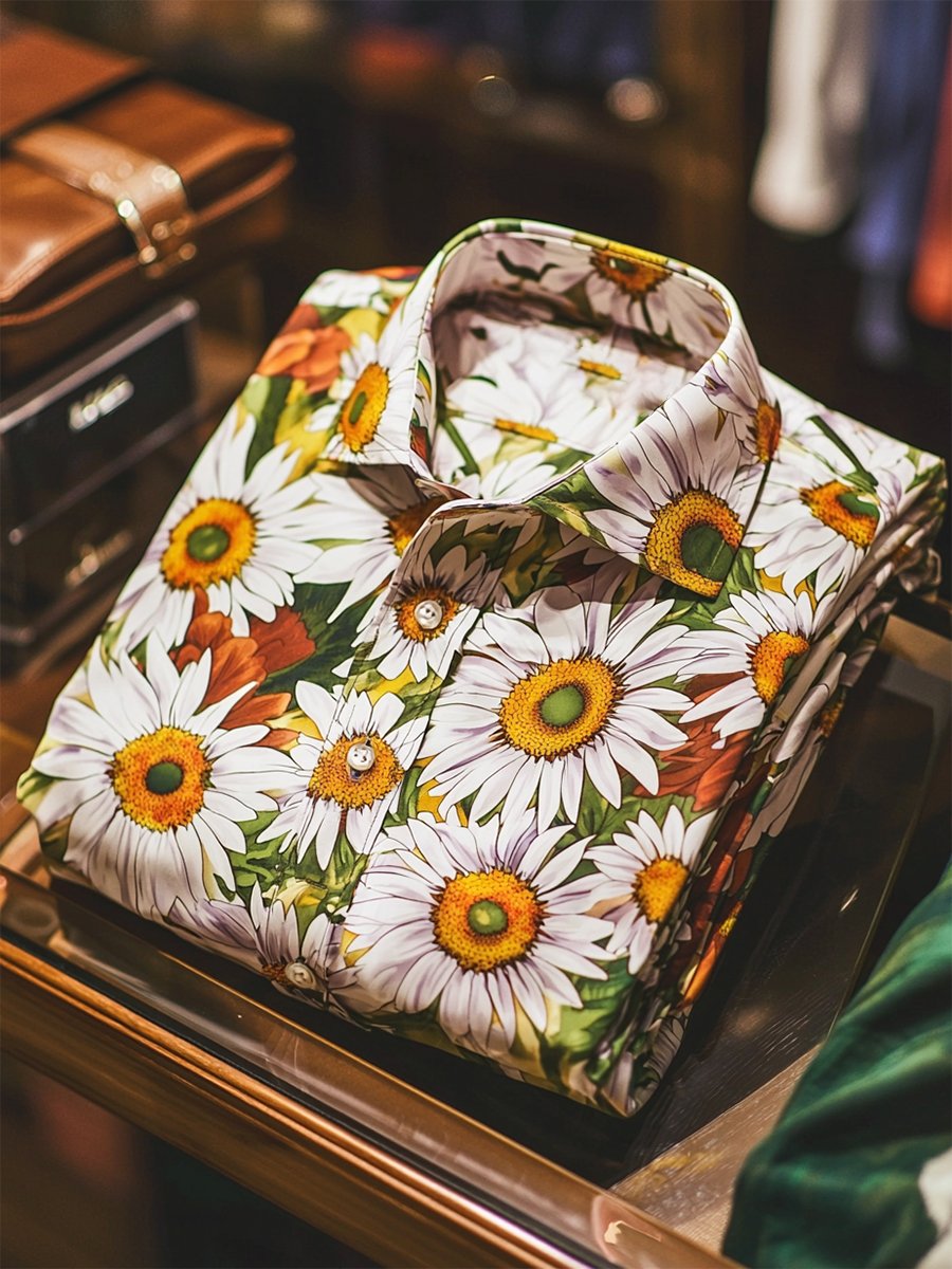 Camisa satén Luxe hawaiano estampado de manga corta Button para hombre