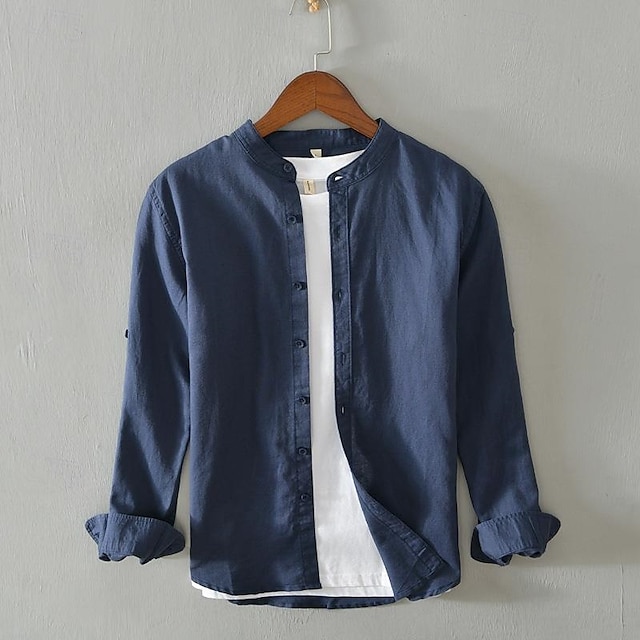 Camisa de lino camisa casual camisa Button Up camisa de algodón camisa Plain Vacation Hawaiian White Navy Blue Khaki Gray de manga larga Band Collar Spring Fall Clothing Apparel con botones para hombre