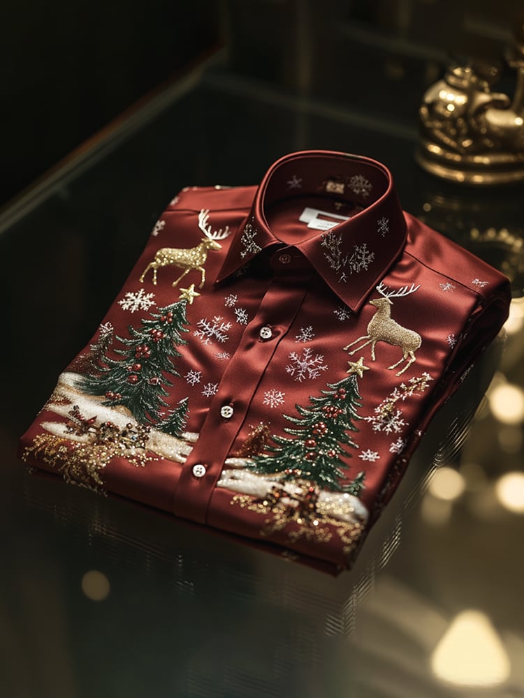 Camisa Christmas satén Luxe de manga larga con botones para hombre