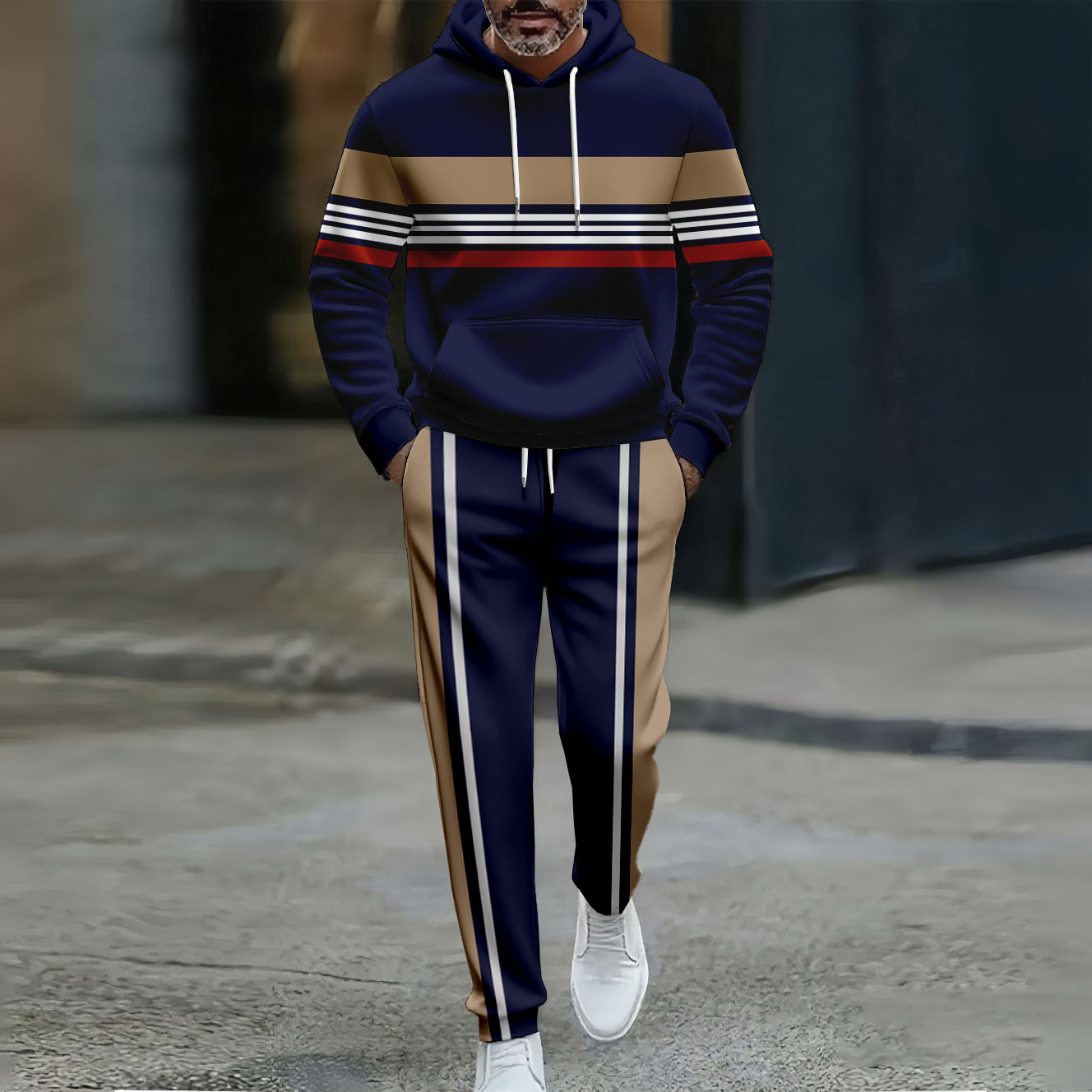 Conjunto de dos piezas casual Navy Blue & Brown Color Matching a rayas estampado Hooded de manga larga Trousers para hombre