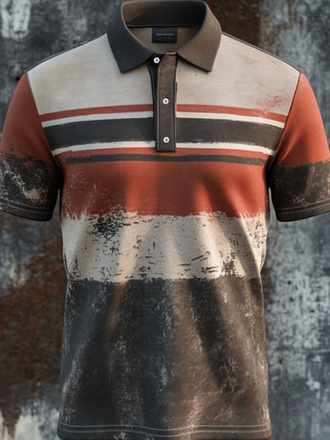 Camisa polo casual retro a rayas estampado ejecutivo de manga corta para hombre