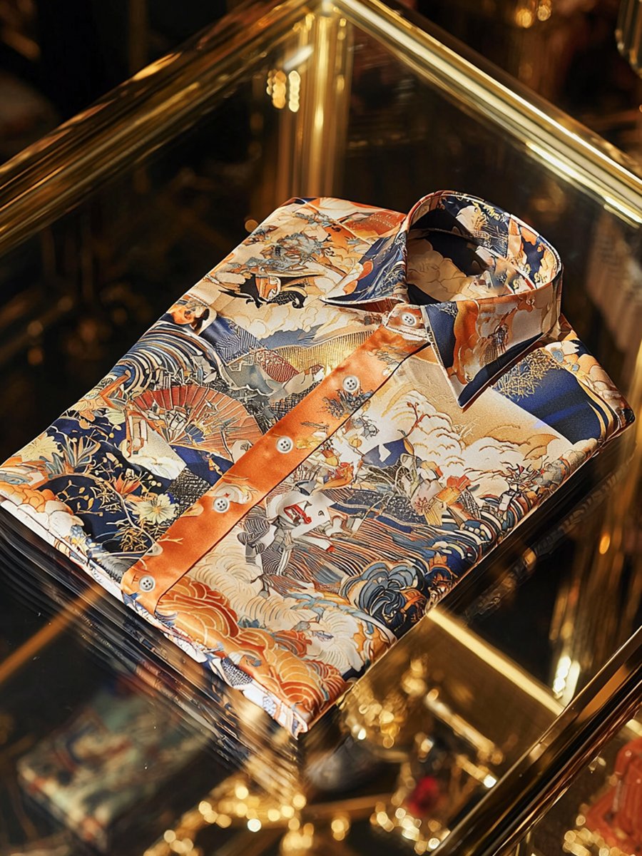 Camisa satén Ukiyo-E de lujo ejecutivo de manga larga para hombre
