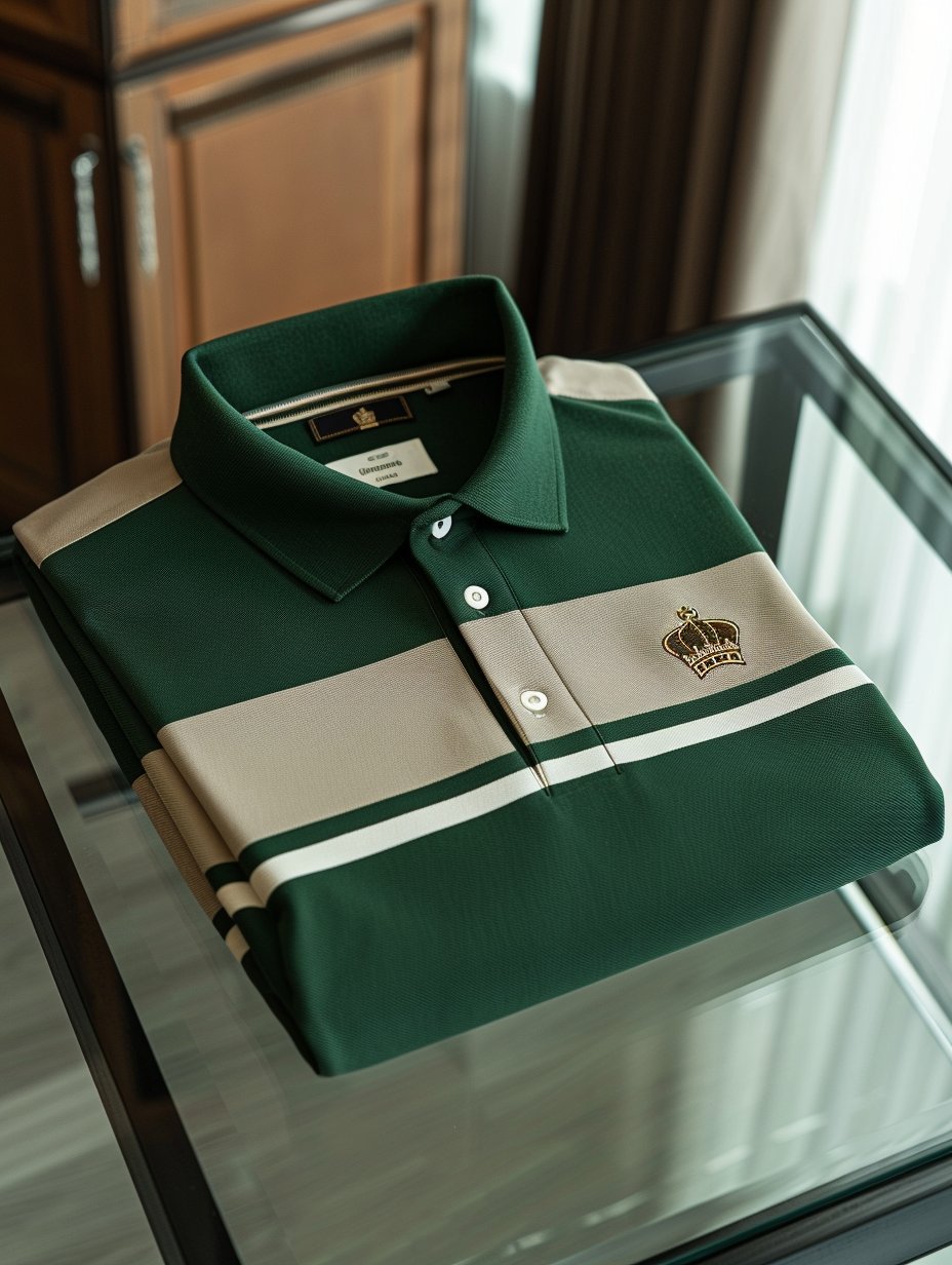 Camisa polo Mens Forest Green Taupe Panel a rayas Crown Logo