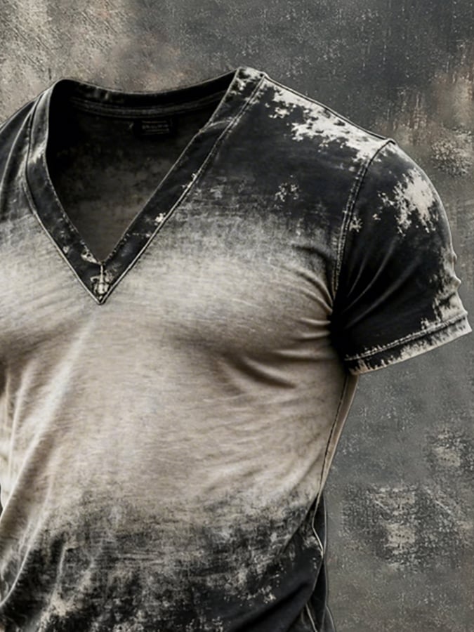 para hombre retro Distressed en bloques de color V-Neck de manga corta Top