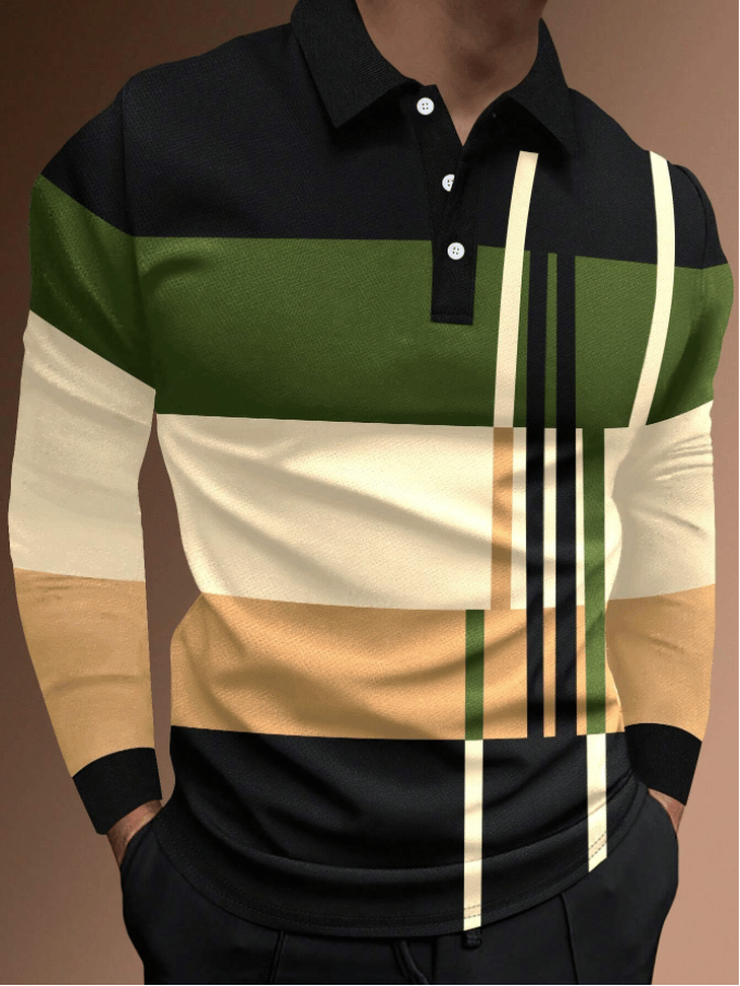 Camisa polo ejecutivo casual a rayas de manga larga para hombre