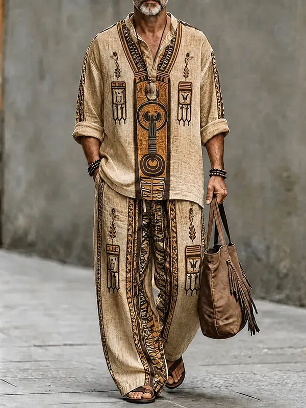 para hombre retro Ethnic Tribal Resort Style Print Half Button de manga larga camisa pantalón 2pcs Set