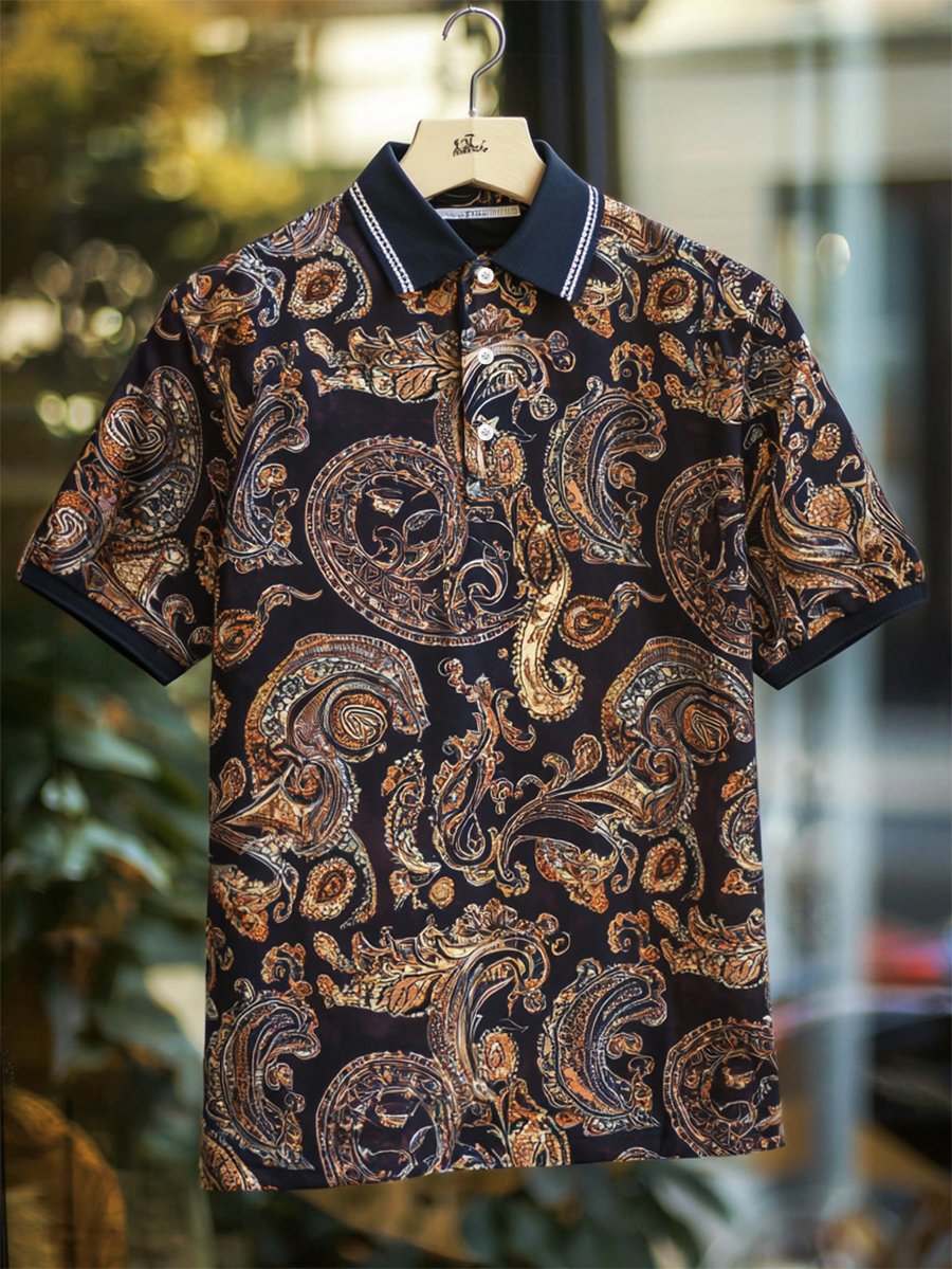 Camisa polo casual ejecutivo Paisley Button de manga corta para hombre