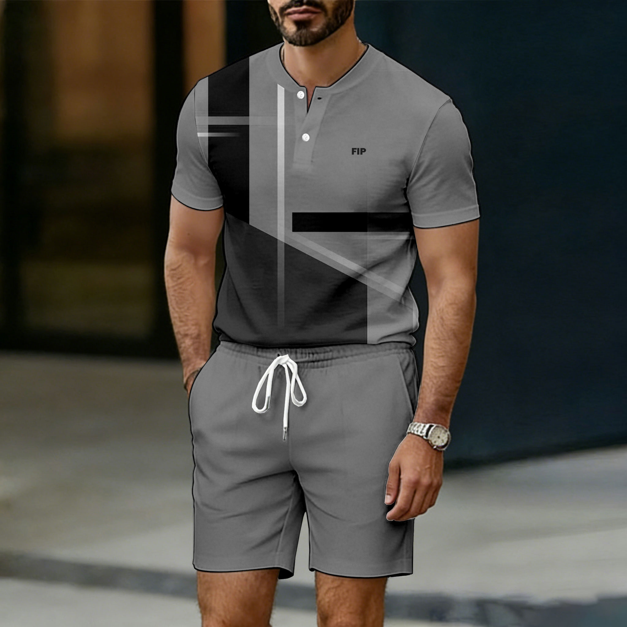 Conjunto de dos piezas casual Gray Geometry estampado Crew Neck Button-Up de manga corta camiseta And shorts para hombre