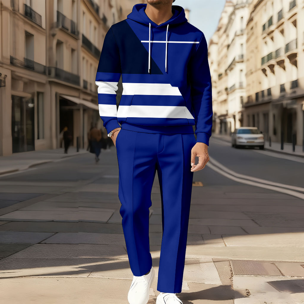 Conjunto de dos piezas casual Color Matching estampado de manga larga sudadera con capuchas sudadera & Trousers para hombre