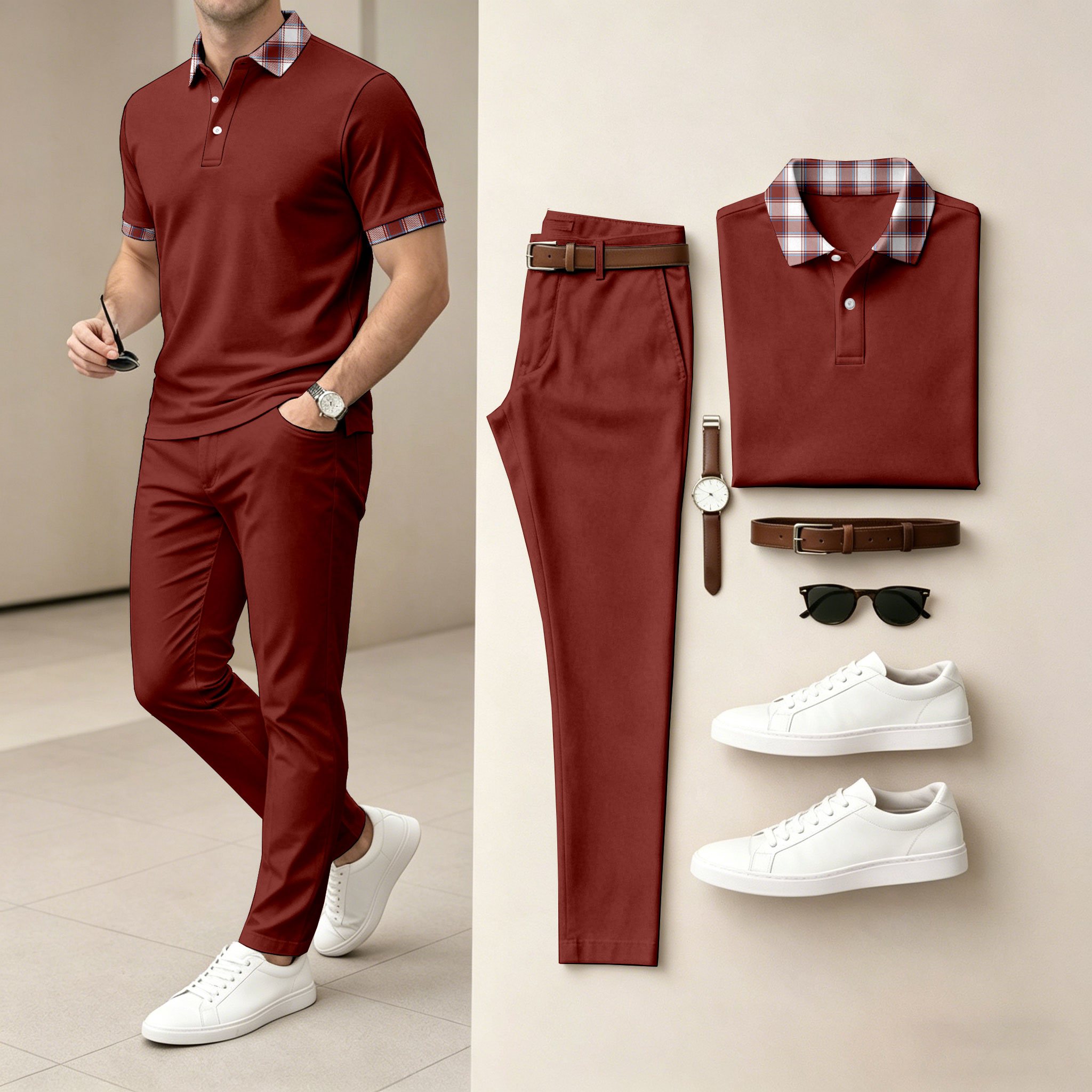 para hombre Red de manga corta camisa polo and Long pantalón conjunto de dos piezas