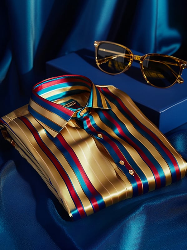 Camisa satén de lujo vintage a rayas de manga corta para hombre