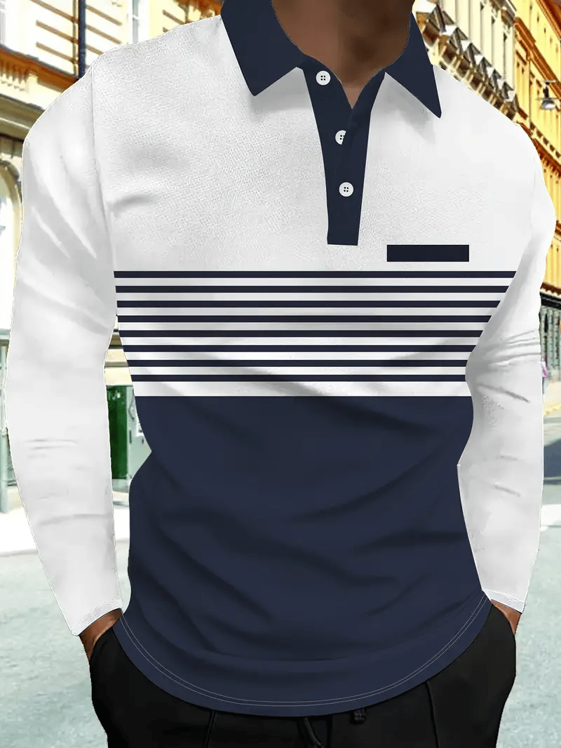 Camisa polo ejecutivo casual a rayas de manga larga para hombre