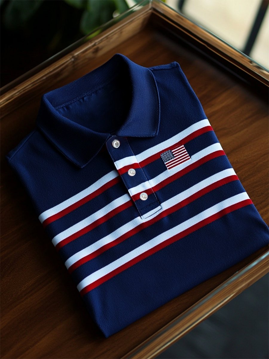 Camisa polo ejecutivo casual Independence Day a rayas Button de manga corta para hombre
