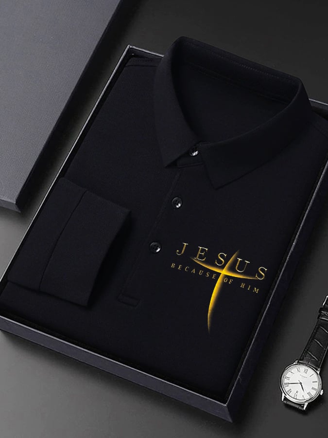Camisa polo vintage Faith “Jesus Because Of Him” de manga largas para hombre