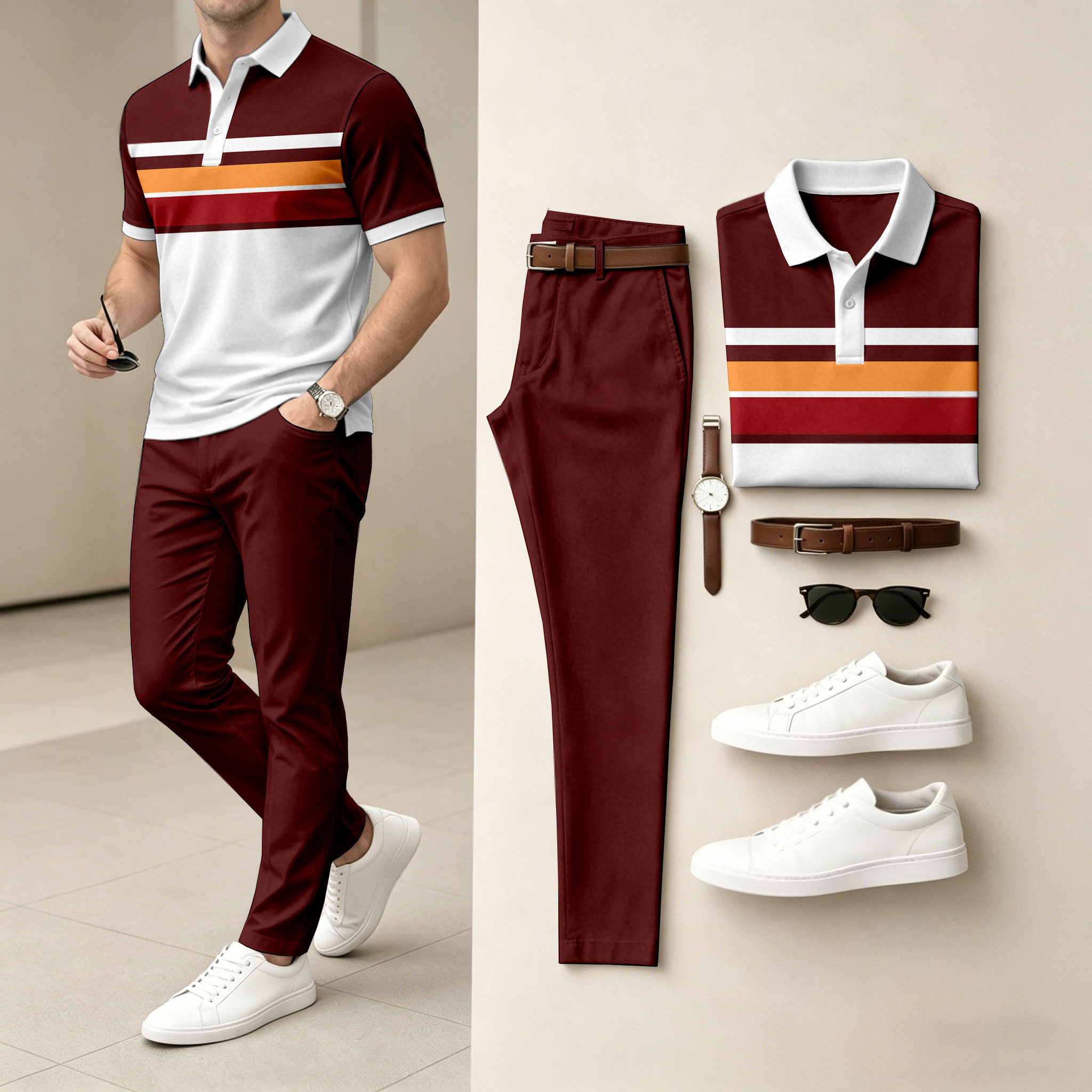 Camisa polo casual Horizontal a rayas Color-Block estampado de manga corta And pantalón Set (Excludes Accessories Such As Watches And Belts) para hombre