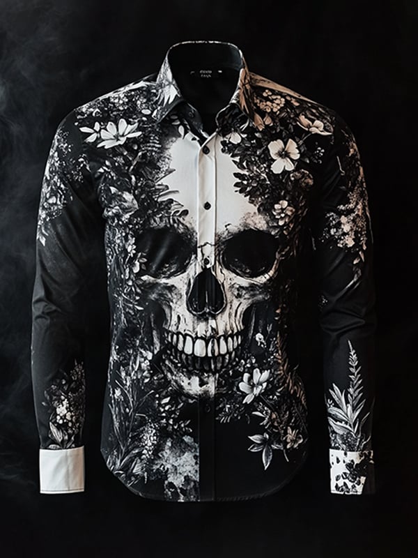 Camisa para exterior vintage Skull and floral de manga larga para hombre