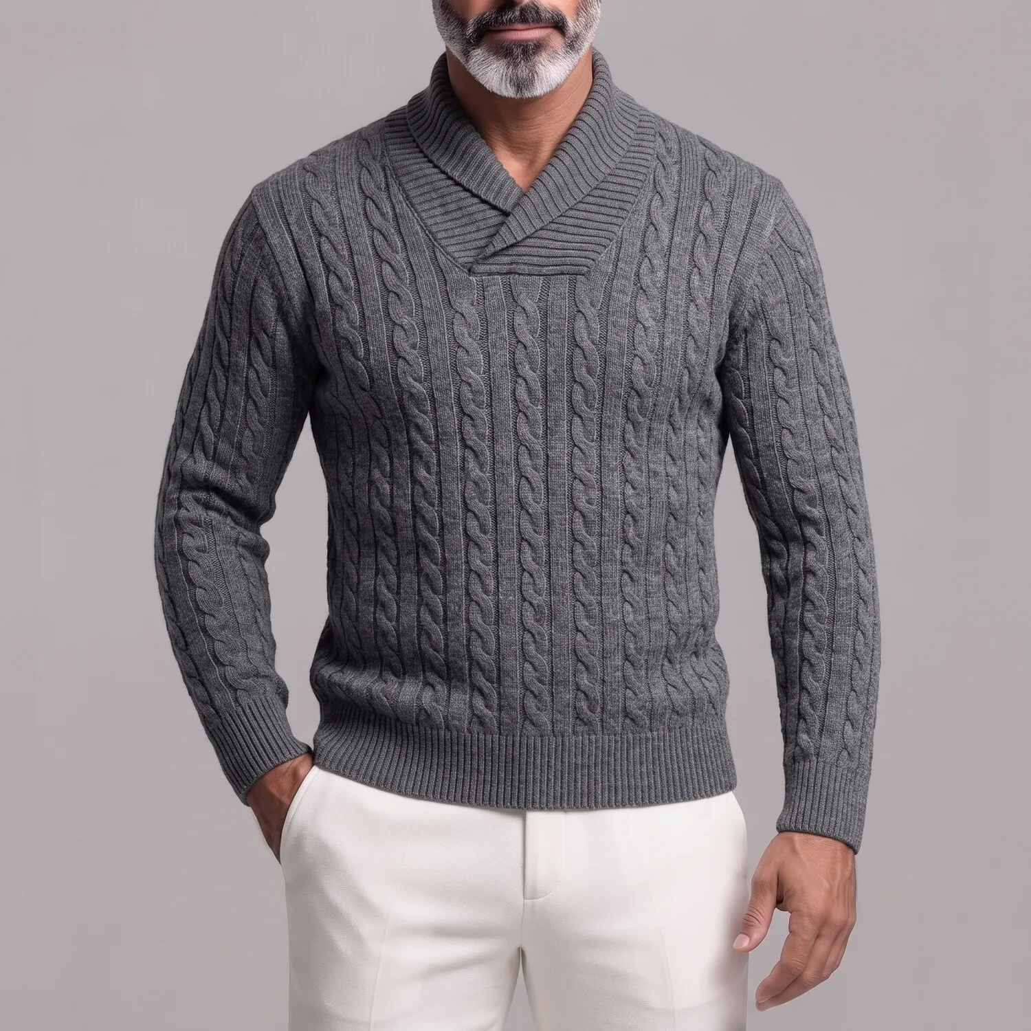 para hombre de color sólido Cable tejido Shawl Collar de corte entallado Pullover Sweater