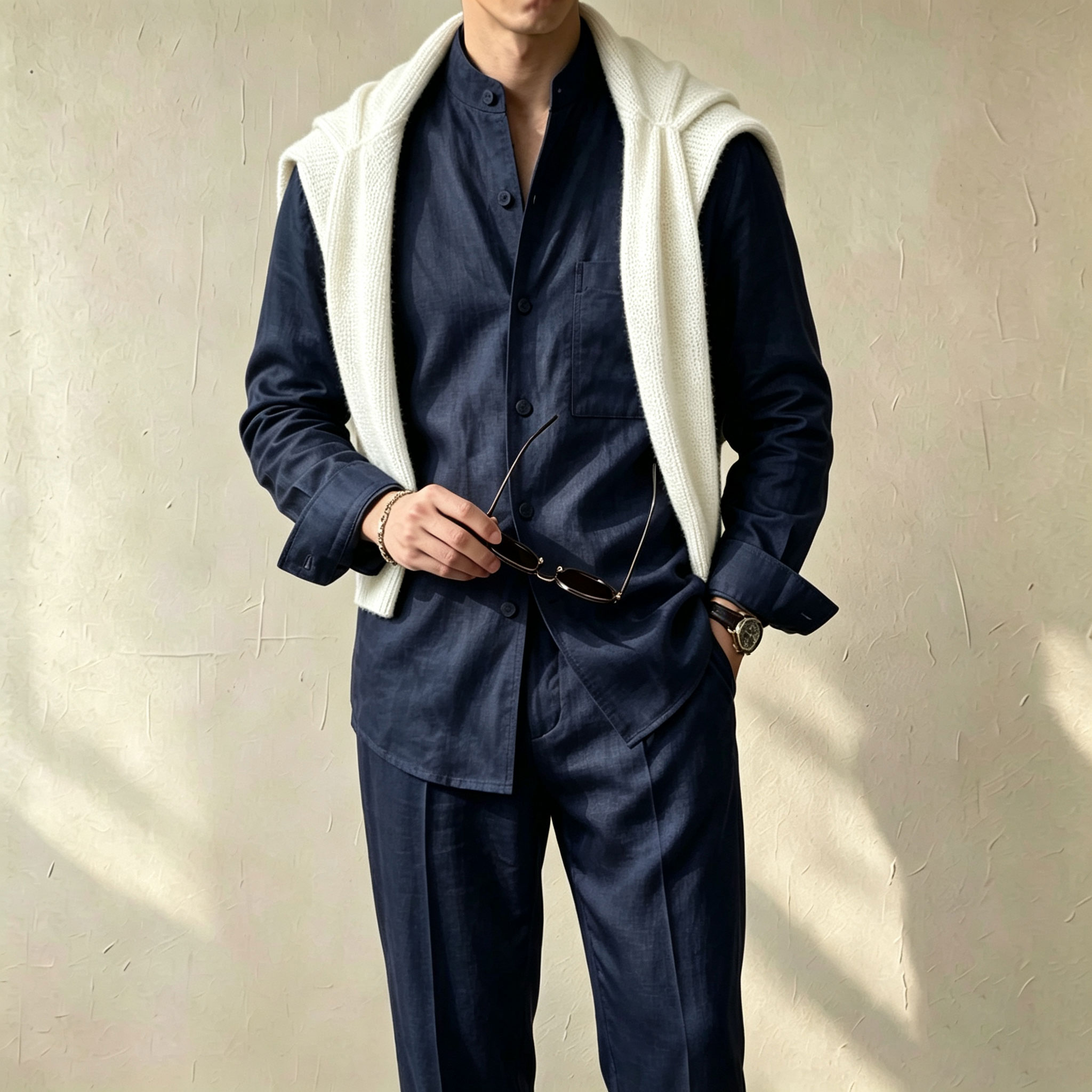 Conjunto de dos piezas casual Solid-Color estampado Stand-Collar de manga larga camisa and pantalón para hombre
